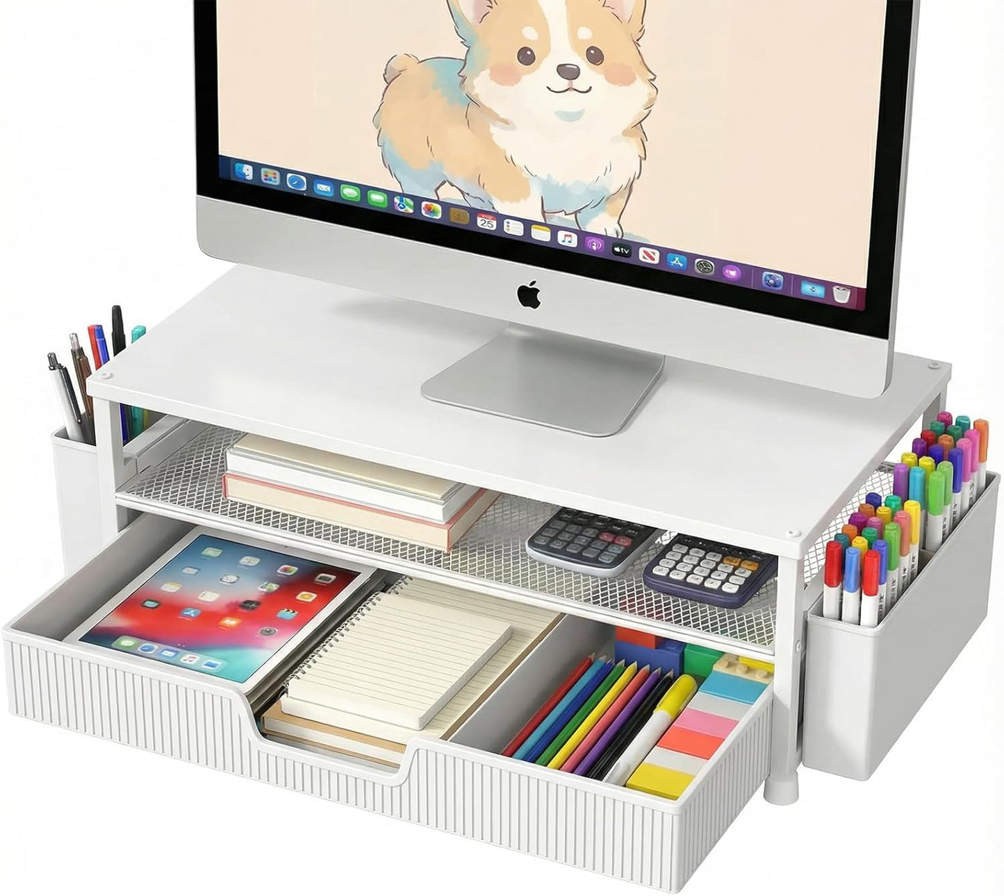 ECOLOVI Desk Organizer and Accessories, 2-Tier Computer Monitor Stand Rise with Storage Drawer & 2 Pen Holders, Laptop & Printer Stand for Desktop, Workspace Organizers for Office Supplies (Blue)