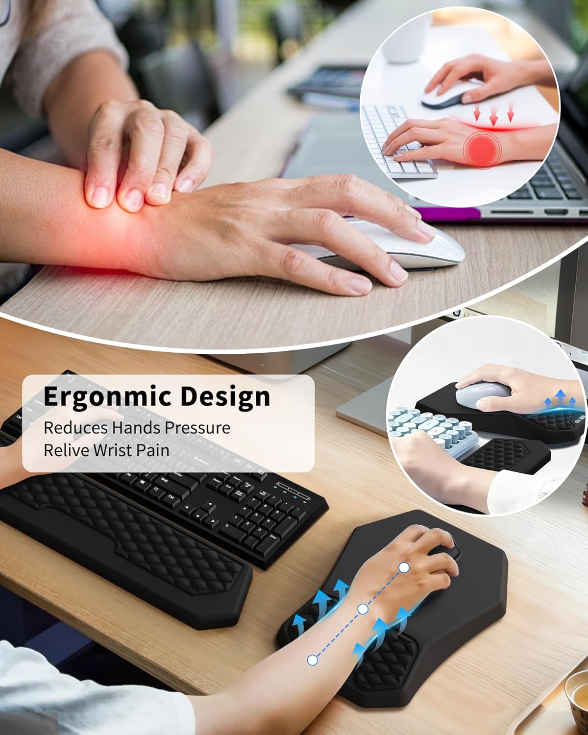 Ergonomic Mouse Pad and Keyboard Wrist Rest Support Set, Massage Design Mousepad for Carpal Tunnel Pain Relief, Memory Foam, Non-Slip PU Base for Computer Desk, Baby Blue