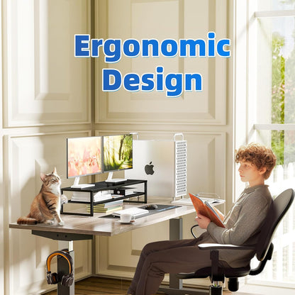 Simple Trending 2 Tier Metal Dual Monitor Stand Riser with 32"x10" Mouse Pad, Computer Desk Organizer for 2 Monitors, Laptop, Printer, TV, Black