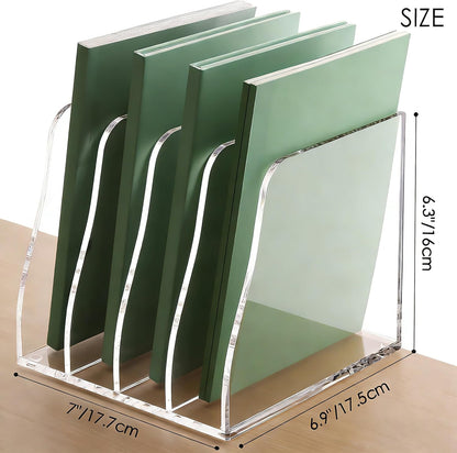 YUXUN Clear Acrylic File Folder Holder - 4 Vertical Compartments Desk Document Sorter, Upright Magazine Rack for Office/Home/Classroom, Stores Documents, Tablets, Magazines, Books & Accessories