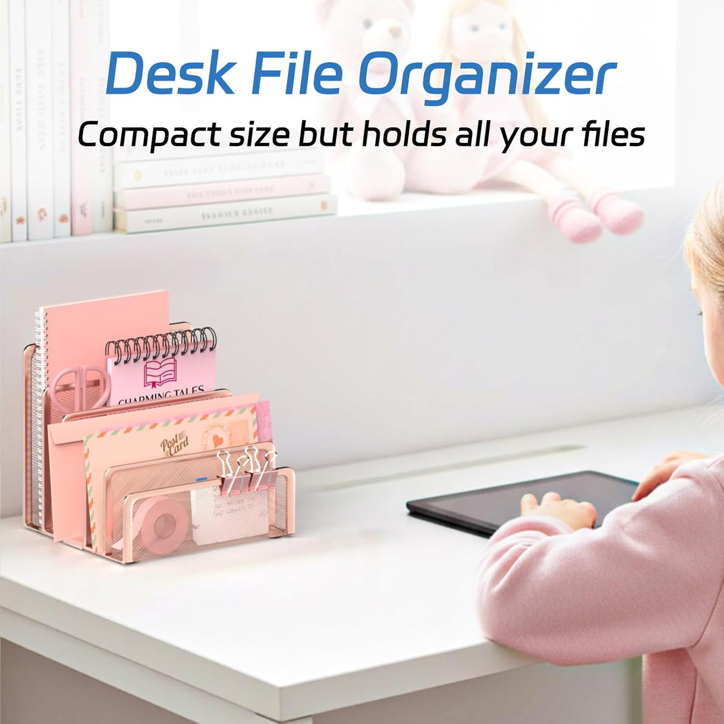 Mail Organizer Countertop with 5 Slot, Metal Mail Holder for Desk, File Holder Letter Sorter for Envelope, Bill and Document (Rose Gold)