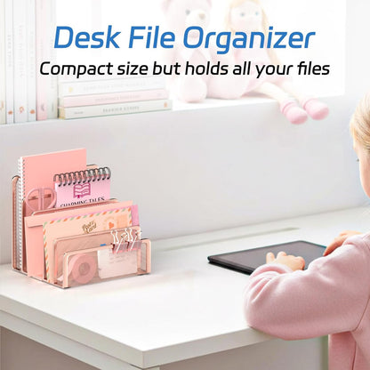 Mail Organizer Countertop with 5 Slot, Metal Mail Holder for Desk, File Holder Letter Sorter for Envelope, Bill and Document (Rose Gold)