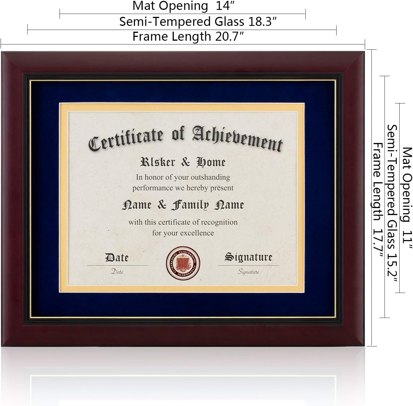 ELSKER&HOME Diploma Frame - Wide Solid Wood Frame - Black Velvet Golden Rim Mat - Semi-Tempered Glass - Includes Hanging Hardware and Desktop Easel(ONLY Display 11×14 Document/Certificate)