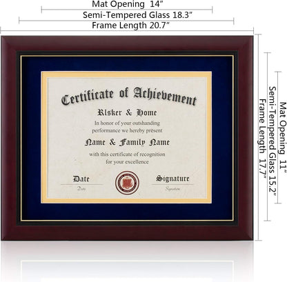 ELSKER&HOME Diploma Frame - Wide Solid Wood Frame - Black Velvet Golden Rim Mat - Semi-Tempered Glass - Includes Hanging Hardware and Desktop Easel(ONLY Display 11×14 Document/Certificate)
