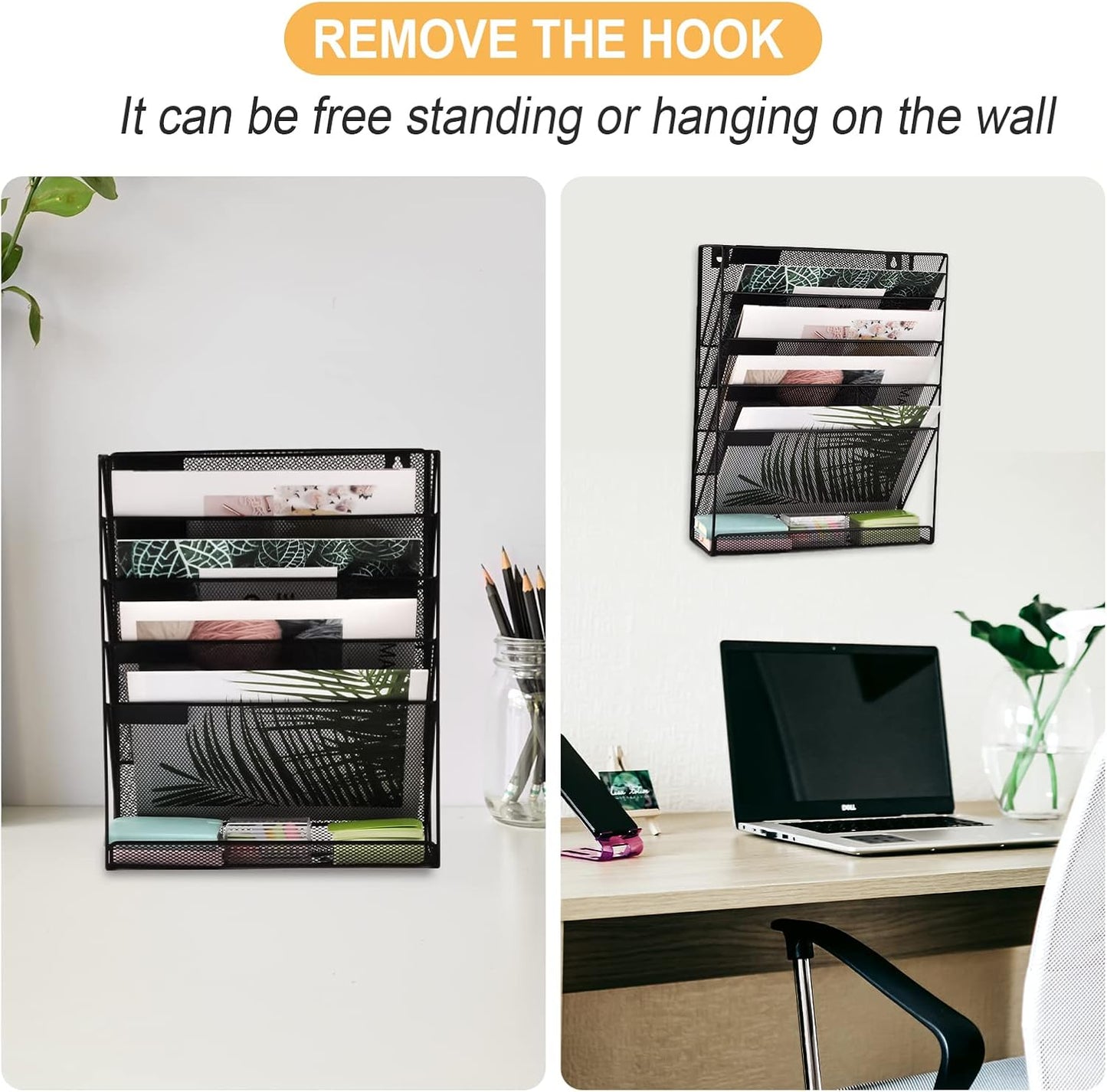 EASEPRES Desk File Organizer Mesh 6-Tier, Hanging Wall Mount Document Organization Stand, Desktop Vertical Mail Paper Folder Holder Rack with Bottom Tray for Office Home Cubicle Countertop, Black
