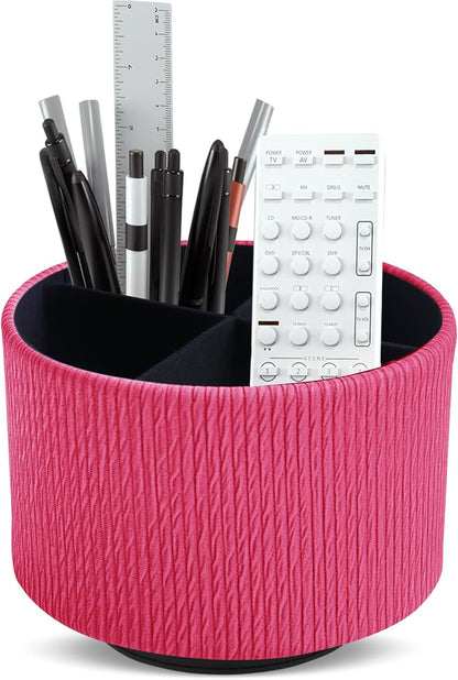 Hennaja Round Leather Art Supply Organizer,Remote Control Holder,360 Degree Rotating,Multi-Functional Pencil Holder,4 Compartments Desktop Stationary Organizer(1-Blue Bird) - Colors C