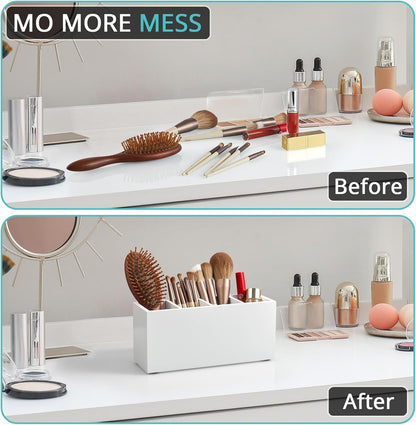 Bivvclaz Pencil Pen Holder for Desk, Acacia Wood Office Desk Organizers and Accessories with 4 Slots for Countertop, Makeup Brush Holder Organizer for Bathroom Vanity, Silverware Caddy for Party