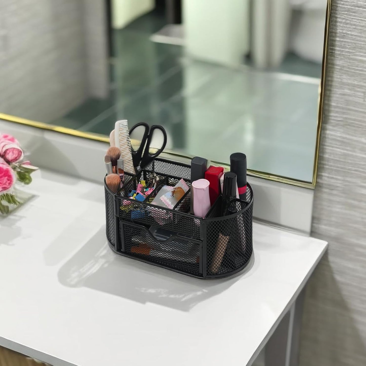 Newkita Desktop Organizer with Pencil Pen Holder and Accessories Offering 8 Compartments and 1 Drawer for Home, School and Office. (Cherry Blossom Pink)