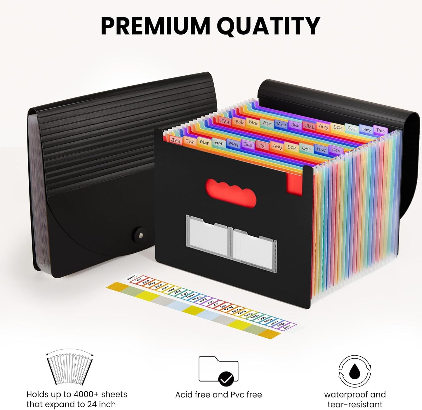 Sooez 24 Pockets Expanding File Folder with Blank Labels, According File Organizer with Expandable Cover, Desktop Accordion Folders Letter A4 Paper Document Storage Organizer, White