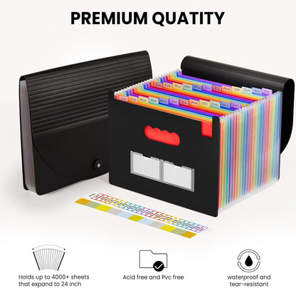 Sooez 24 Pockets Expanding File Folder with Blank Labels, According File Organizer with Expandable Cover, Desktop Accordion Folders Letter A4 Paper Document Storage Organizer, White