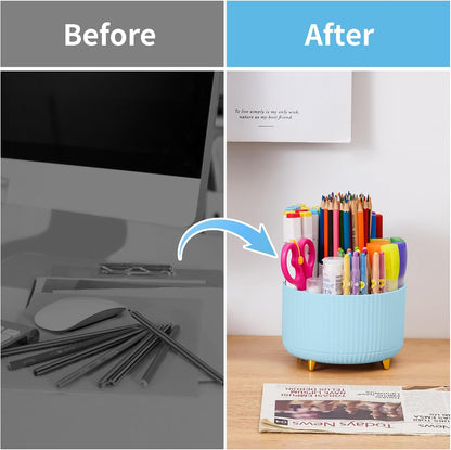 Marbrasse Desk Organizer, 360-Degree Rotating Pen Holder, Desk Organizers and Accessories with 5 Compartments Pencil Holder, Art Supply Storage Box Caddy for Office, Home（White）
