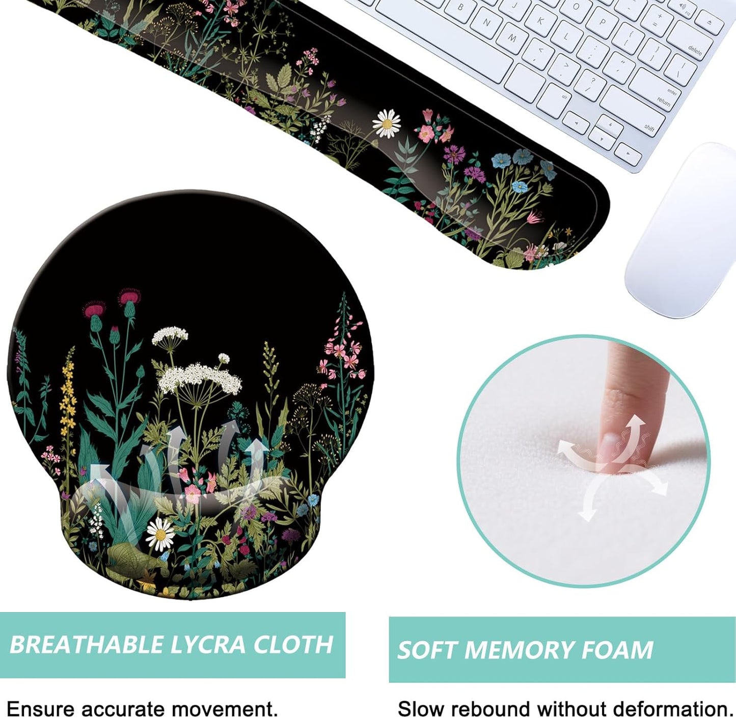 Keyboard Wrist Rest Pad Mouse Pad with Wrist Support Set of 3, Mousepad with Non-Slip Rubber Base, Ergonomic Memory Foam Mouse Wrist Cushion Support for Home Office Laptop Computer, Flower Black