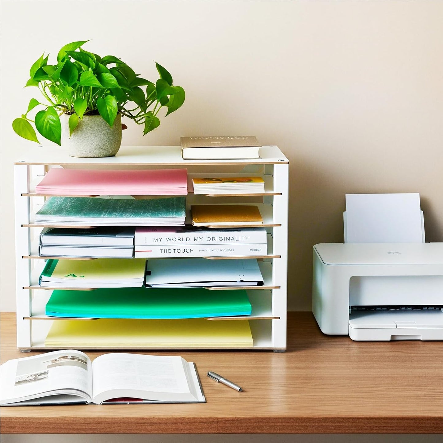 Yumkfoi 12x18 Construction Paper Organizer, 4-Tiers Paper Storage Shelf, Wooden Desk Organizer, File Holder and Letter Tray for Office, Home, Classroom