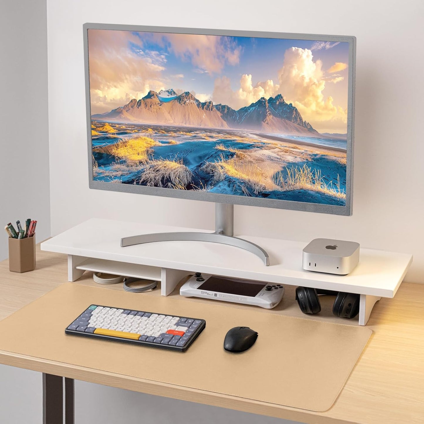 Bamboo Dual Monitor Stand Riser Natural, 2-Tier Desk Monitor Riser for 2 Monitors, Supports for PC Computer Monitor, Printer, Heavy TV Riser up to 300 lbs