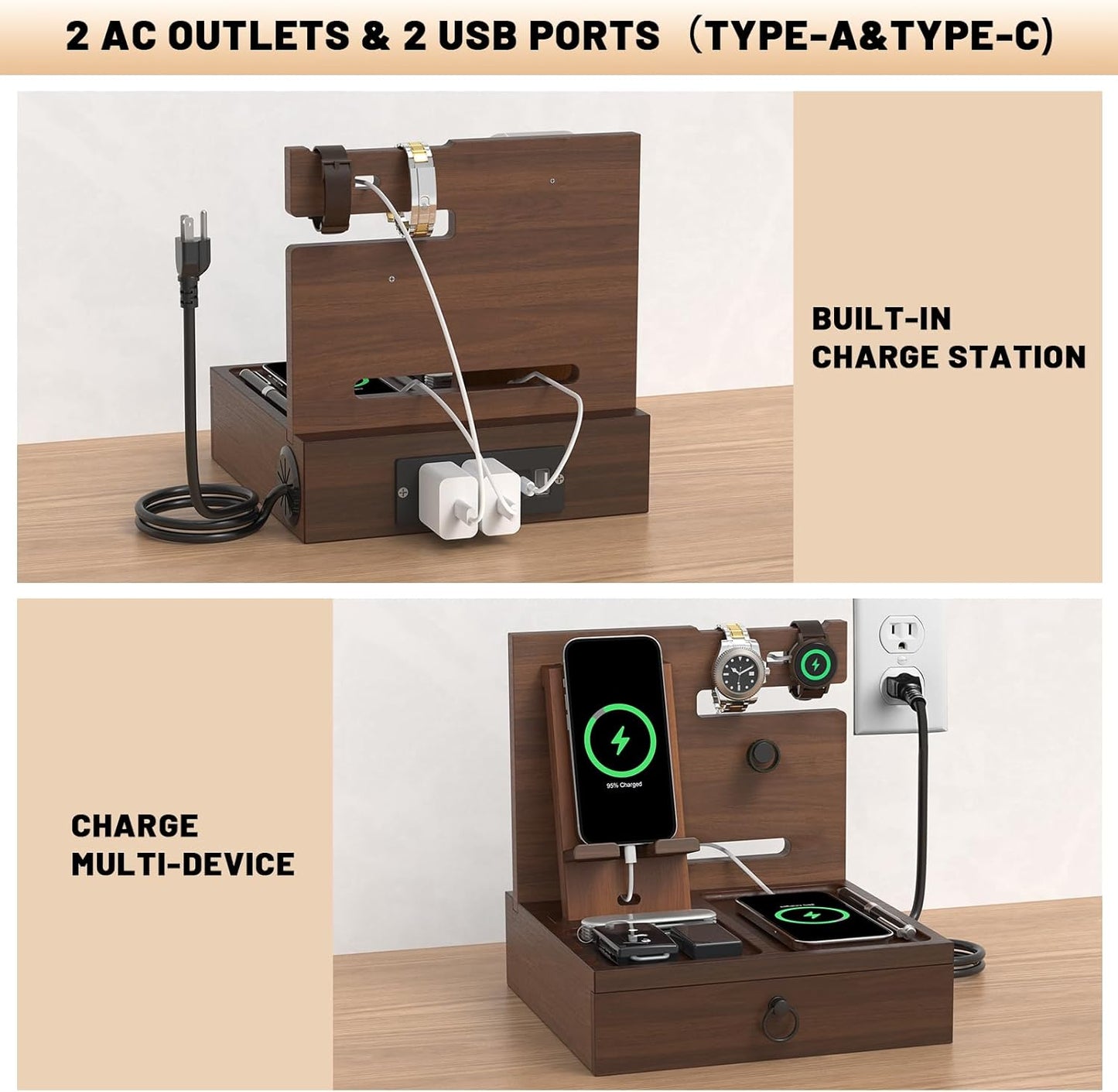 Wood Phone Docking Station with USB Ports and Outlets, Nightstand Organizer with Charging Station, Bedside Organizer with Drawer for Watch & Accessories, Christmas Anniversary Birthday Gifts for Men
