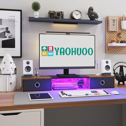 YAOHUOO Dual Monitor Stand with LED Light 2 Drawers, Computer Monitor Riser for 2 Monitors, Large Desktop Organzier with Storage for PC/Laptop/Computer/TV Screen/Printer
