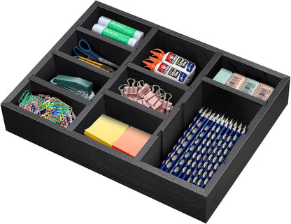 Wooden Desk Drawer Organizer, 9-Slot Office Organization and Storage Box, Adjustable Natural Wood Desktop Tray for Pens, Sticky Notes, and Small Accessories, Aesthetic Home Office Decor (12 x 9 In)