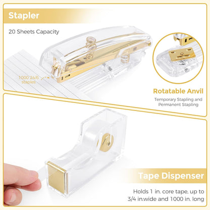SKYDUE Pink Desk Accessories 10Pcs, Rotating Pen Holder for Desk, Stapler, Staple Remover, Tape Dispenser,2pcs Tape Refills, Binder Paper Clips Kit, Scissor,Pink Office School Supplies