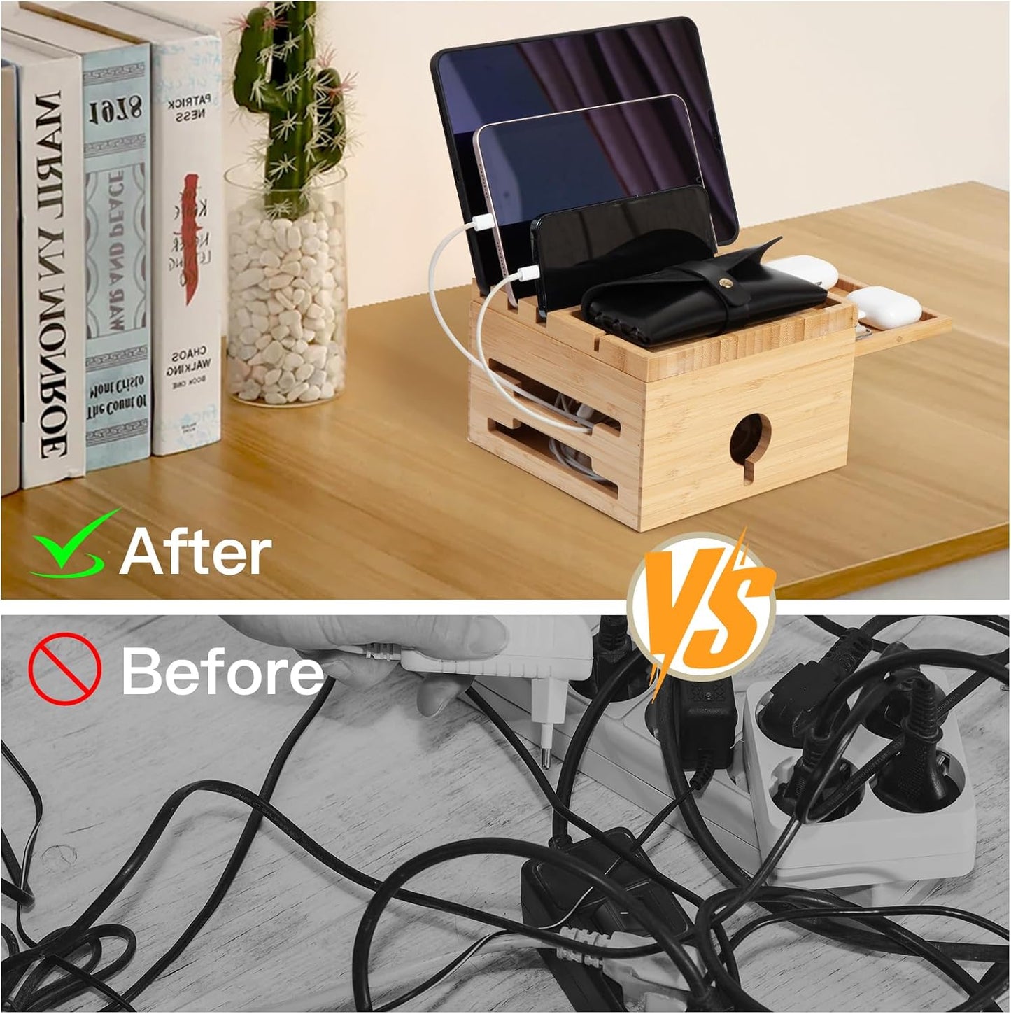 Bamboo Charging Station for Multiple Devices, Nightstand Docking Station with Small Tray, Desktop Wood Charger Organizer, Compatible with Cell Phone, Tablet, Earphones (No USB Charger and Cables)