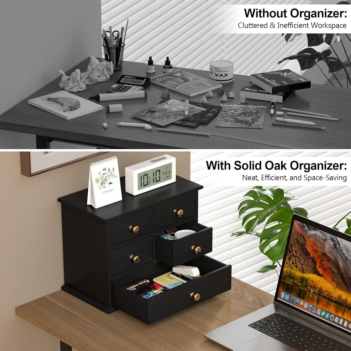 Oak Desk Organizer with Drawers, Durable Wooden Desktop Storage Box with Metal Handles & Non-Slip Silicone Pads, 4 Drawer Tabletop Organizer for Office, Bedroom, Bathroom, Vanity, and Makeup – Walnut
