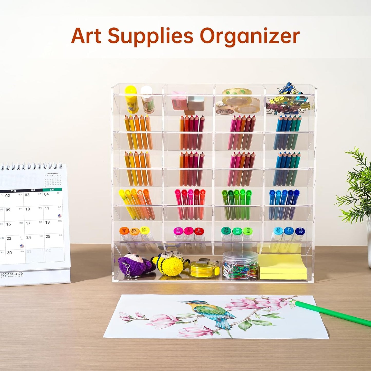 BEYGORM Acrylic Vertical Marker Organizer for 150 Markers with 13 Compartments, Clear Angled Pen & Pencil Holder, Large Desk Stationery & Art Supply Storage for Office & School (10.2 x 9.8 x 4 Inch)