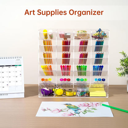 BEYGORM Acrylic Vertical Marker Organizer for 150 Markers with 13 Compartments, Clear Angled Pen & Pencil Holder, Large Desk Stationery & Art Supply Storage for Office & School (10.2 x 9.8 x 4 Inch)