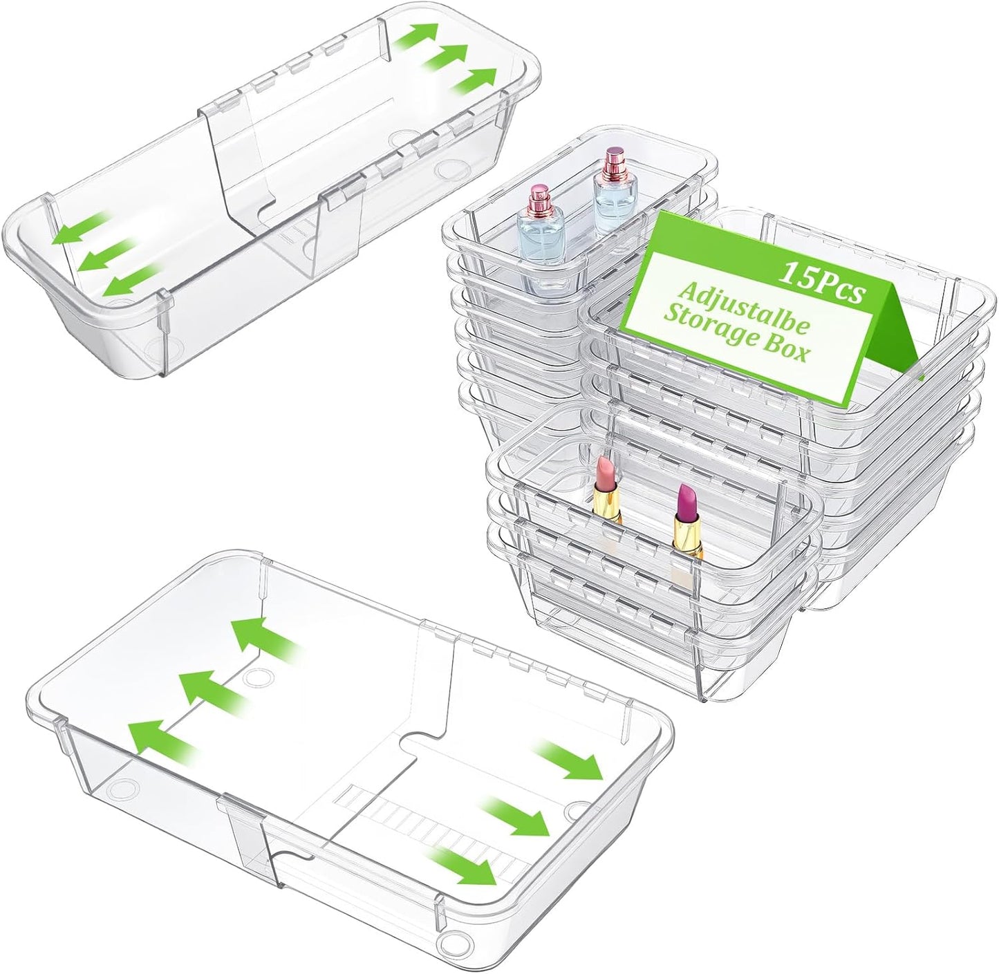 15-Piece Extendable Drawer Organizer Set, 2-Size Adjustable Clear Plastic Storage Bins for Bathroom Vanity, Makeup, Kitchen Utensils & Office Supplies