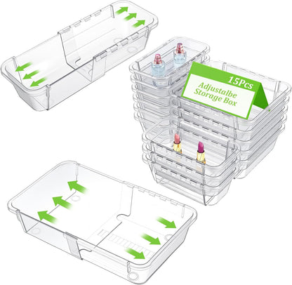 15-Piece Extendable Drawer Organizer Set, 2-Size Adjustable Clear Plastic Storage Bins for Bathroom Vanity, Makeup, Kitchen Utensils & Office Supplies