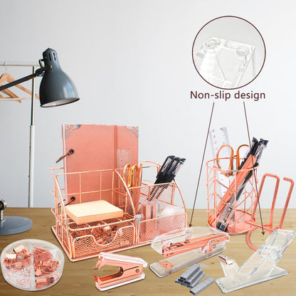 Gold Desk Organizers,Desk Accessories,Office Supplies Set,13PS Set with Acrylic Stapler,Tape Dispenser,Staple Remover,Pen Holder,Clips,Scissor, Phone Holder,Pen