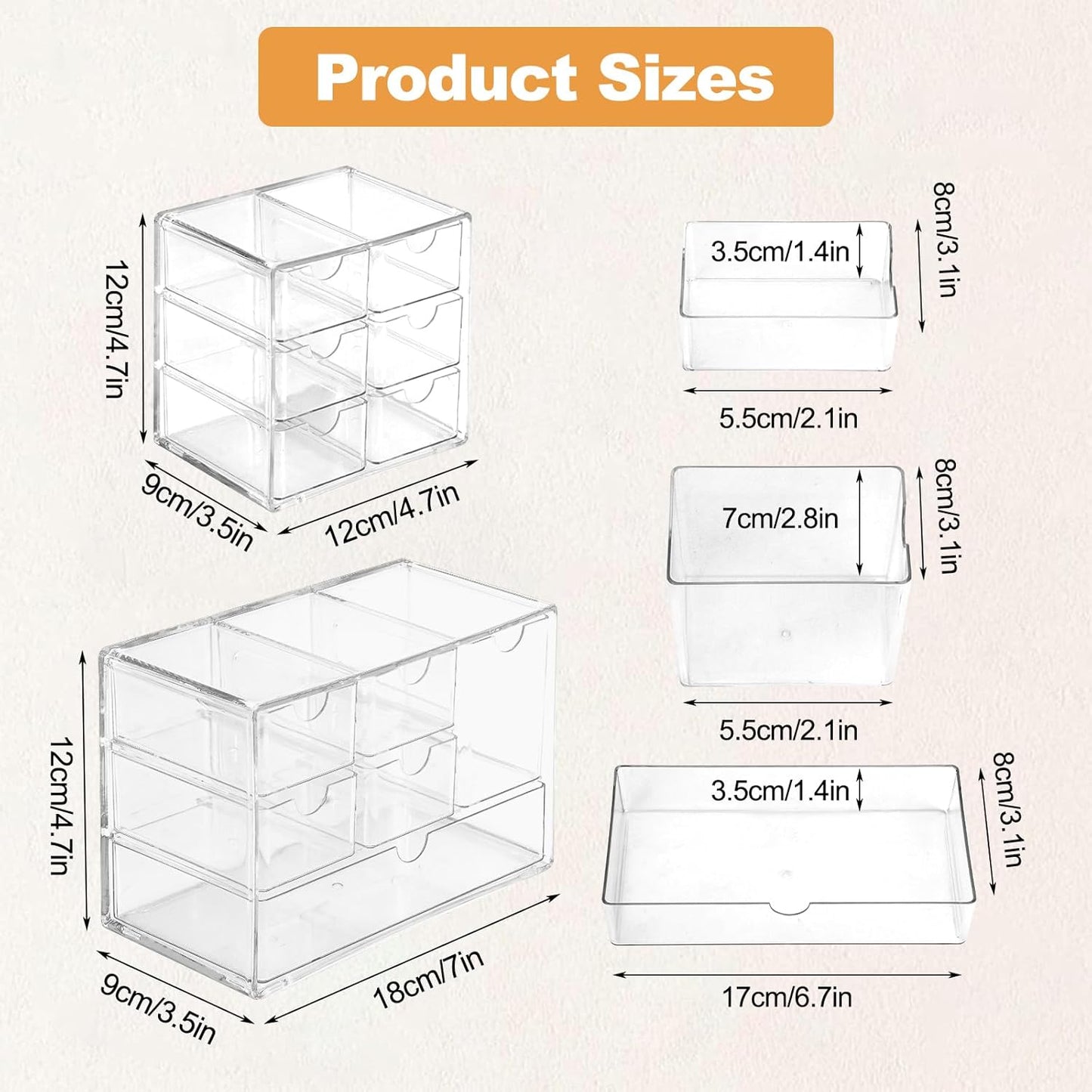 Acrylic Drawer Organizer with 6 Drawers, 2 Set Clear Dustproof Desk Organizers and Accessories, Stackable Storage Drawers for Stationery, Makeup, Jewelry, Pen, Art Craft Supplies, Office