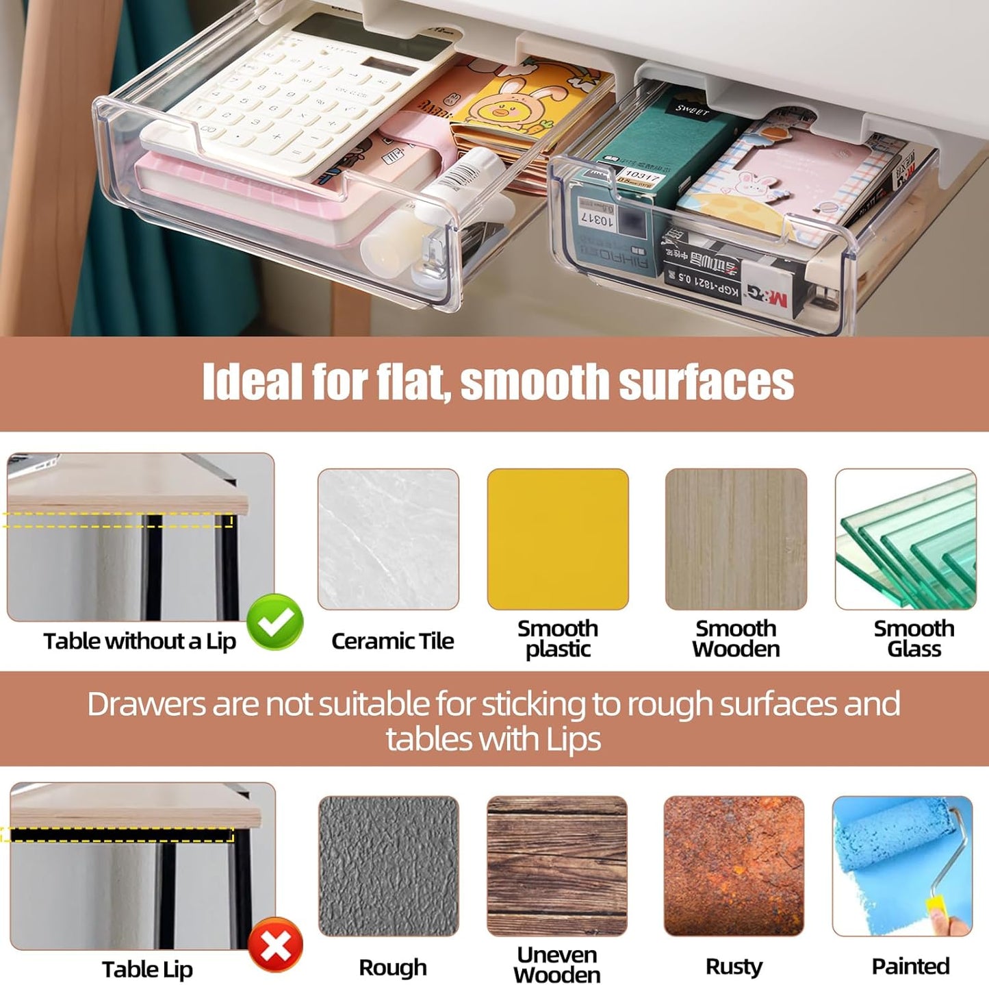 2Pcs Under Desk Storage Drawers Slide Out,Large&Medium, Stick On Desk Drawer Organizer Hidden Under Table Drawer for Home Office School Organization and Storage-Transparent Black