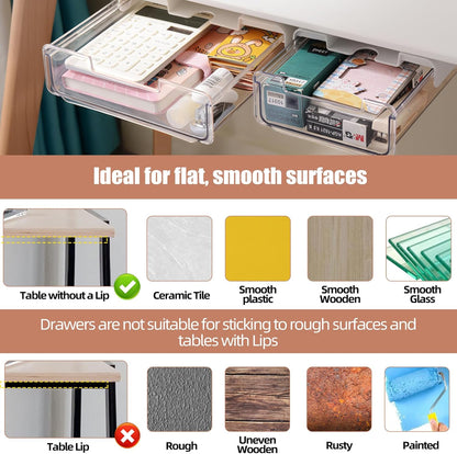 2Pcs Under Desk Storage Drawers Slide Out,Large&Medium, Stick On Desk Drawer Organizer Hidden Under Table Drawer for Home Office School Organization and Storage-Transparent Black