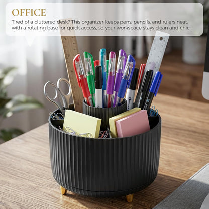 KONVINIT Pencil Pen Holder for Desk, 5 Slots 360 - Degree Rotating Desktop Organizer, Cute Desk Organizers and Accessories for School, Home, Office and Art Supply, Beige