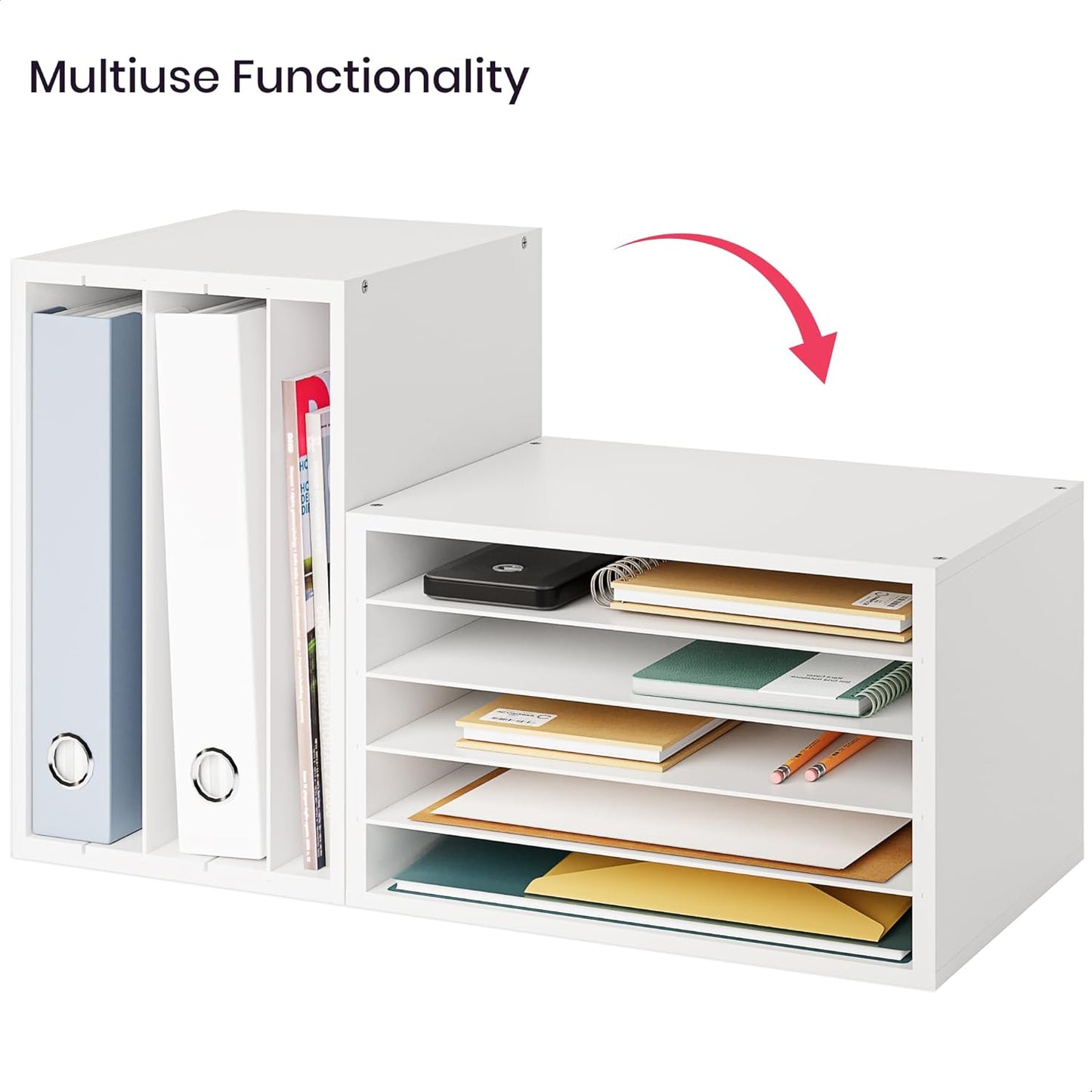 Ballucci 4-Tier Paper Organizer for Desk, Stackable Organizer Tray, Desk Storage Shelves, Stacking Letter Paper Tray Sorter for Classroom, Office, White