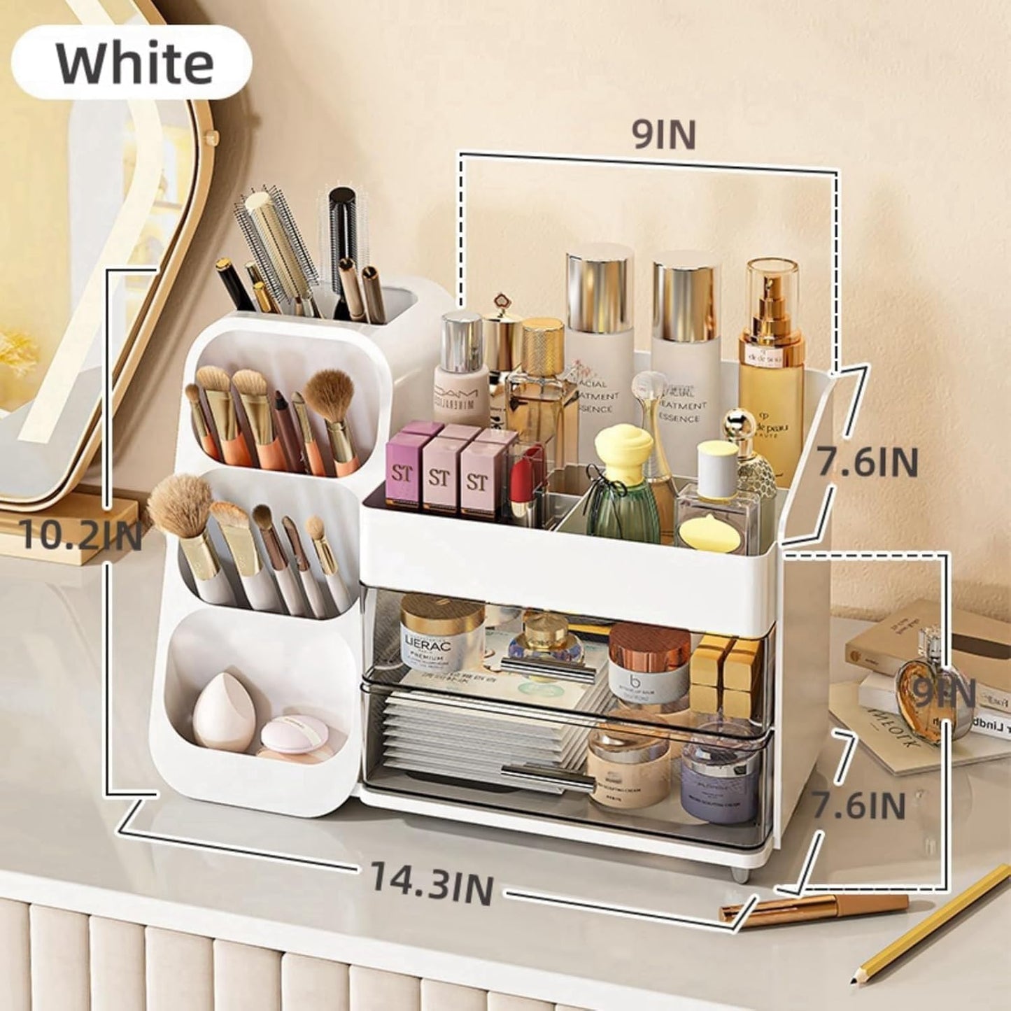 Booklov Makeup Organizer for Vanity, Countertop Cosmetic Display Case with Clear Acrylic Drawers, Bathroom Counter Beauty Caddy, Cute Table Storage Holder for Skincare, Brush Lipsticks, Crystal White