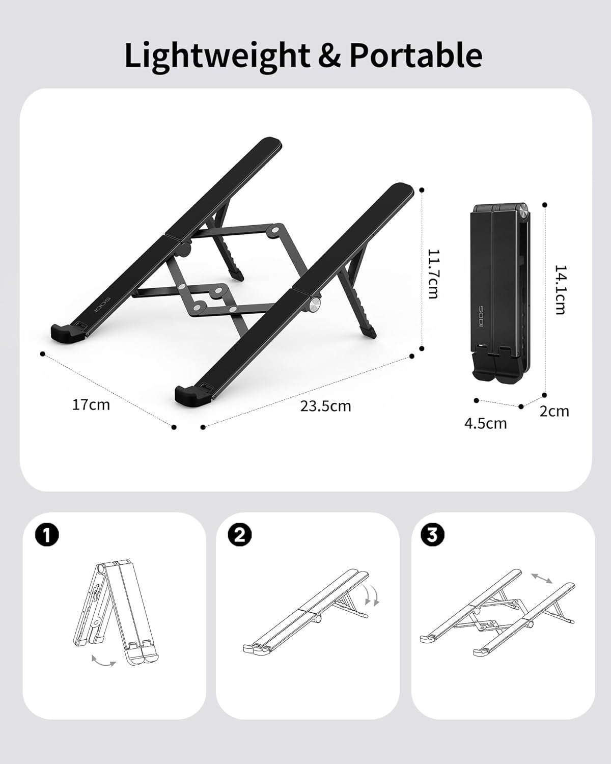SODI [Ultra Compact] Foldable & Portable Laptop Stand for Desk, Lightweight Tablet Stand for Business Travel, Library, Cafe, 6 Level Height Ergonomic Aluminum Computer Holder for 10-16" Laptops