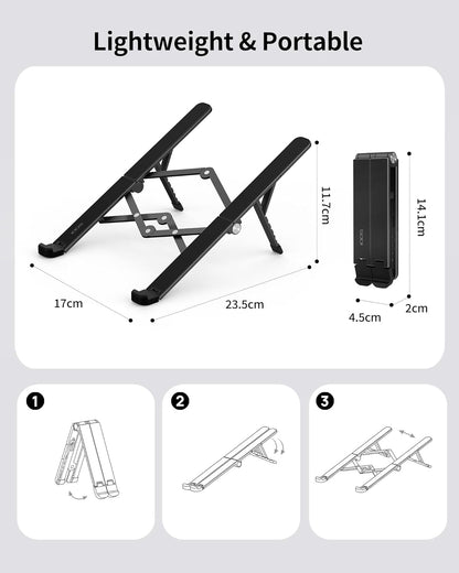 SODI [Ultra Compact] Foldable & Portable Laptop Stand for Desk, Lightweight Tablet Stand for Business Travel, Library, Cafe, 6 Level Height Ergonomic Aluminum Computer Holder for 10-16" Laptops