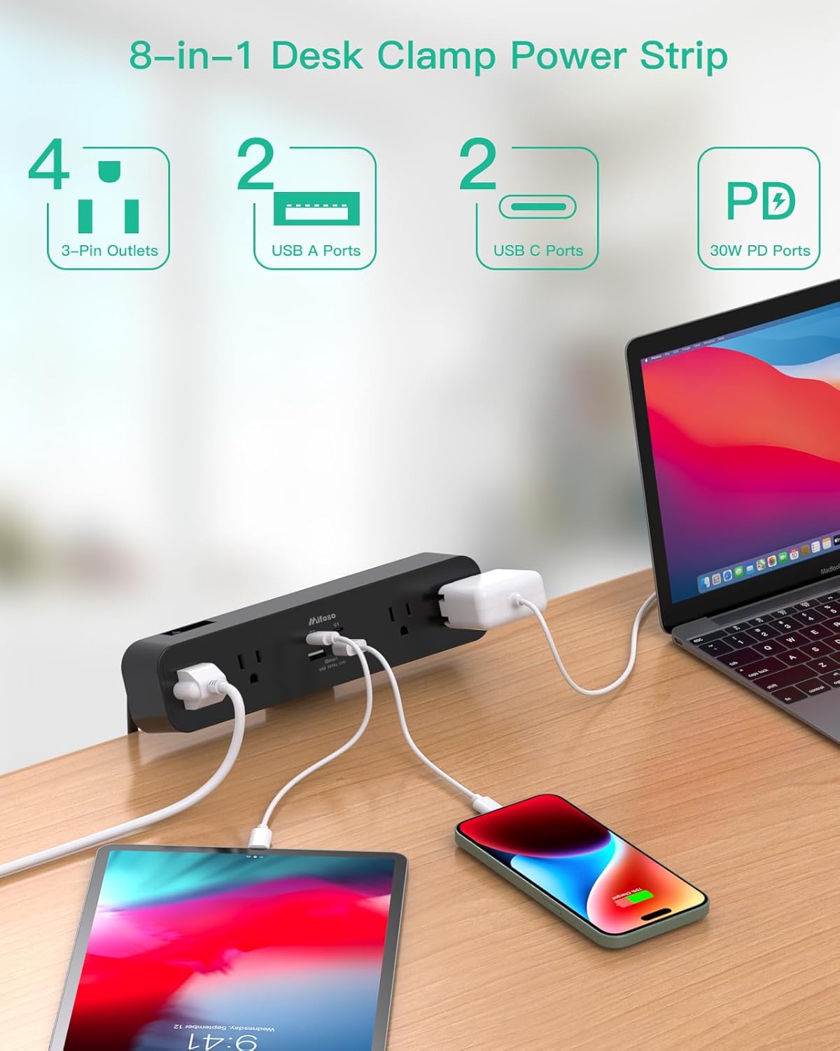 PD30W Desk Clamp Power Strip, Desktop Mount Surge Protector, Fast Charging Station, 5Ft Extension Cord Desk Edge Mount Shelf with 4 Outlets 4 USB Ports (2 USB C), Home Office Accessories Essentials