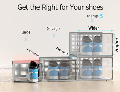 Kuject X-Large Shoe Storage Boxes Organizers Clear Plastic Stackable 12 Pack, Shoe Rack & Holder Substitute, Sneaker Containers, Toy Storage Organizer Bins for Entryway, Closet, Under Bed, Black