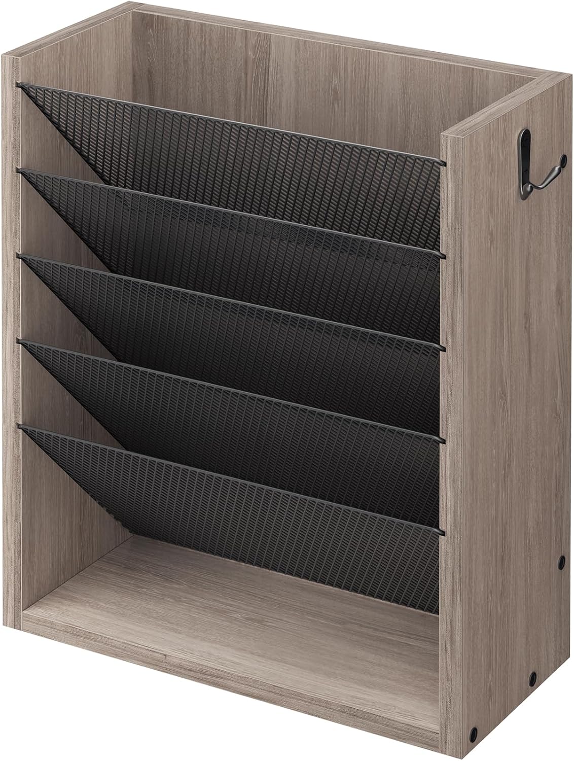 Creso hom Mail Organizer Wall Mounted, 6-Tier Wall File Organizer with 2 Hooks, Wooden Desk Organizer Magazine Holder with Bottom Flat Tray, for Office Home, Rustic Brown