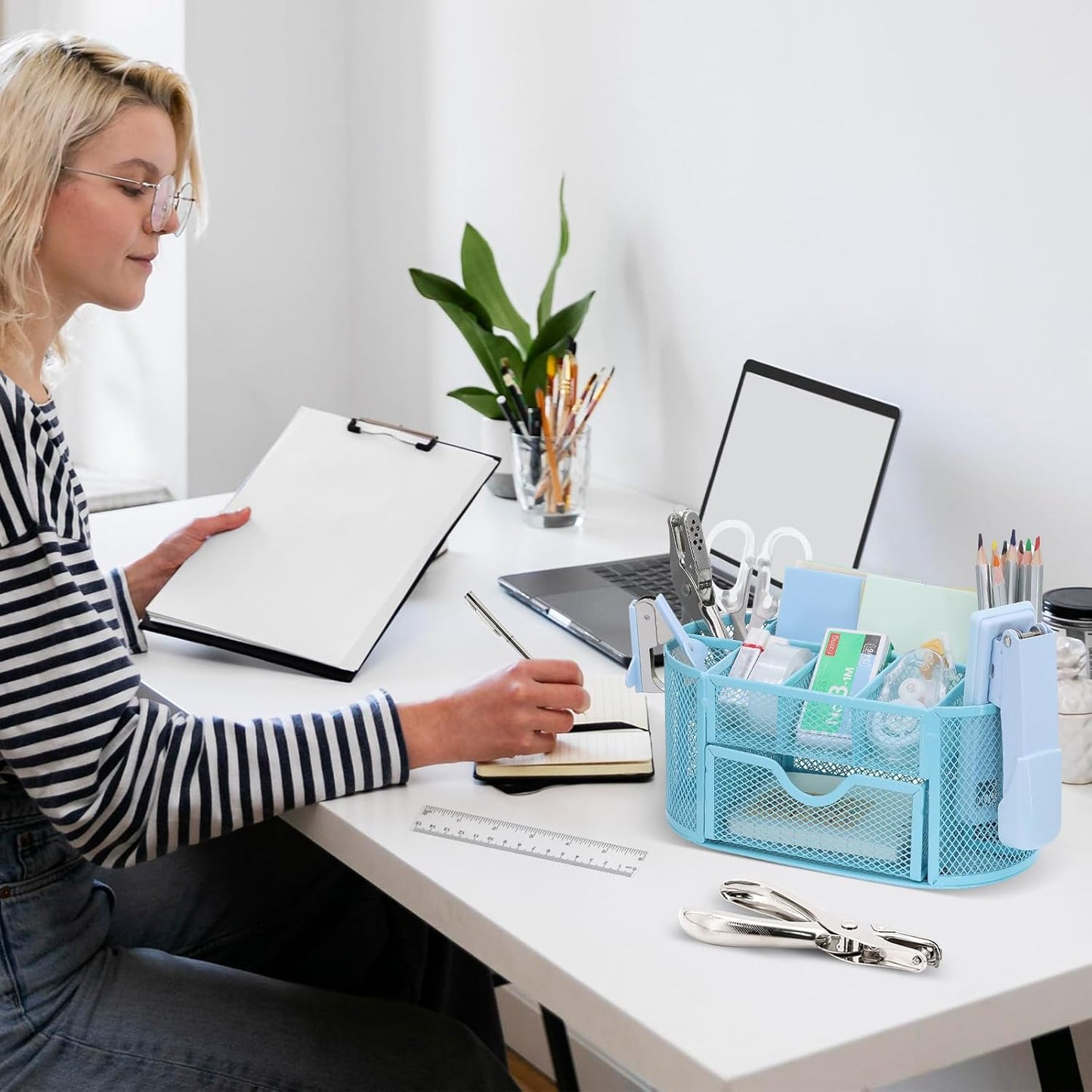 17 in1 Silvery Desk Organizers and Accessories Set, 3 Office Desk Supplies Storage Organization, 4 Pens, Stapler, Staples & Remover, Tape & Dispenser, Scissors, Ruler, Clips, Hole Punch Back to School