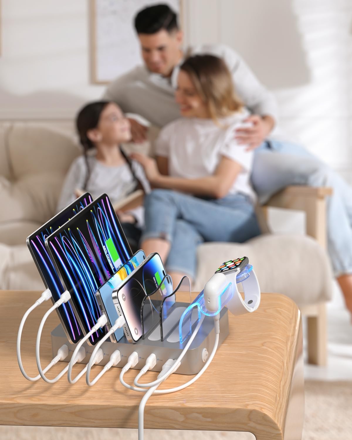 SooPii Premium 6-Port USB Charging Station Organizer for Multiple Devices, 6 Short Charging Cables and One Upgraded i-Watch Charger Holder Included, for Phones, Tablets, and Other Electronics, White