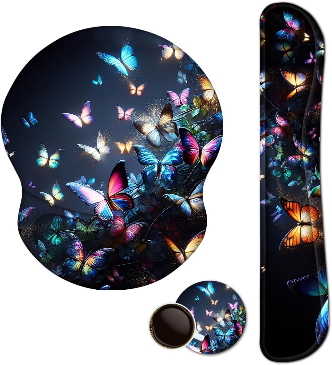 ArtSo Upgraded Wrist Rest Support for Mouse Pad & Keyboard, Ergonomic Gel Mousepad Non-Slip Rubber Base Home,Office Pain Relief, Easy Typing Cushion Neoprene, Soft Memory Foam, Purple Heart Butterfly