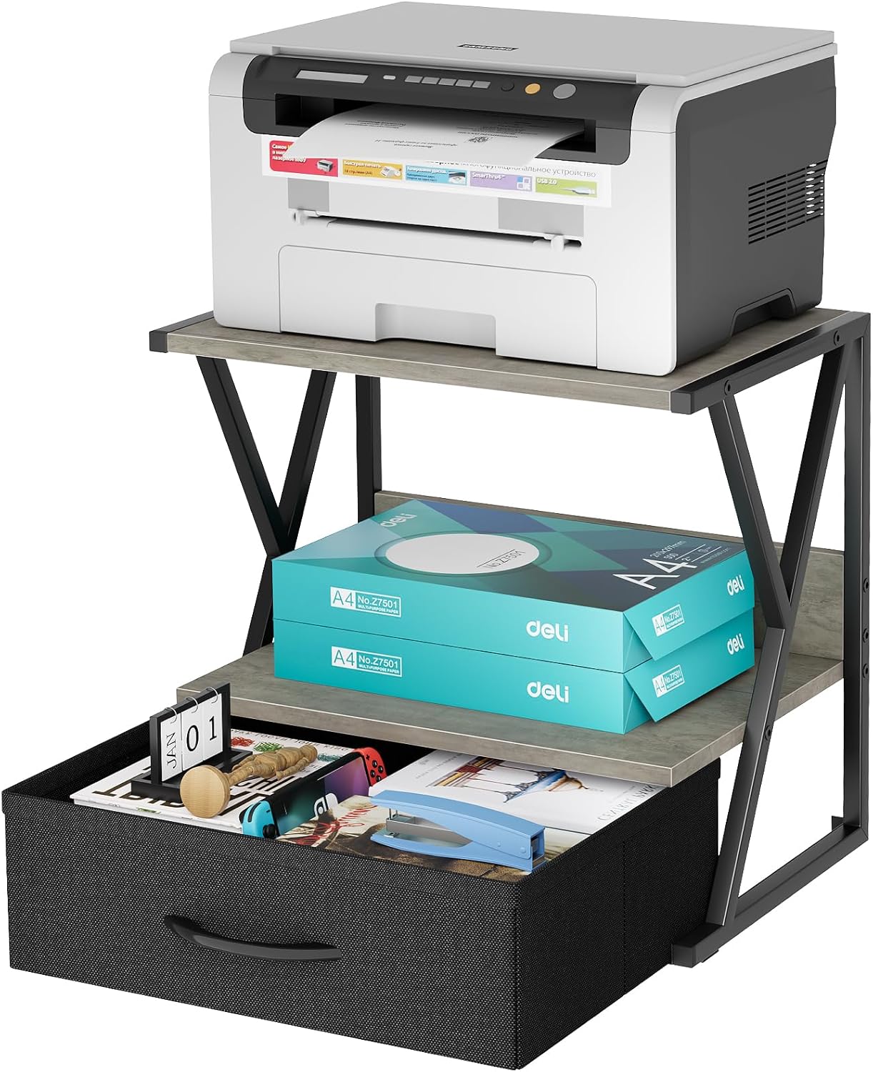 aboxoo Printer Stand for Desk with Storage Drawer, 2 Tier Desktop Or UnderDesk Shelf, Multi-Purpose Desk Organizer for Home Office, fit Fax Machine/3D Printer/Scanner, Rustic Brown