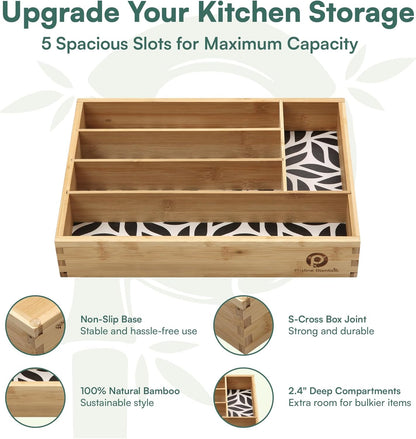 Pristine Bamboo Expandable Drawer Organizers for Kitchen - Extra Deep Non-Slip 17” x 14.6” (expands up to 25 inches) - Dark Wooden Silverware Divider (10 Compartments) – Organize Cooking Utensils