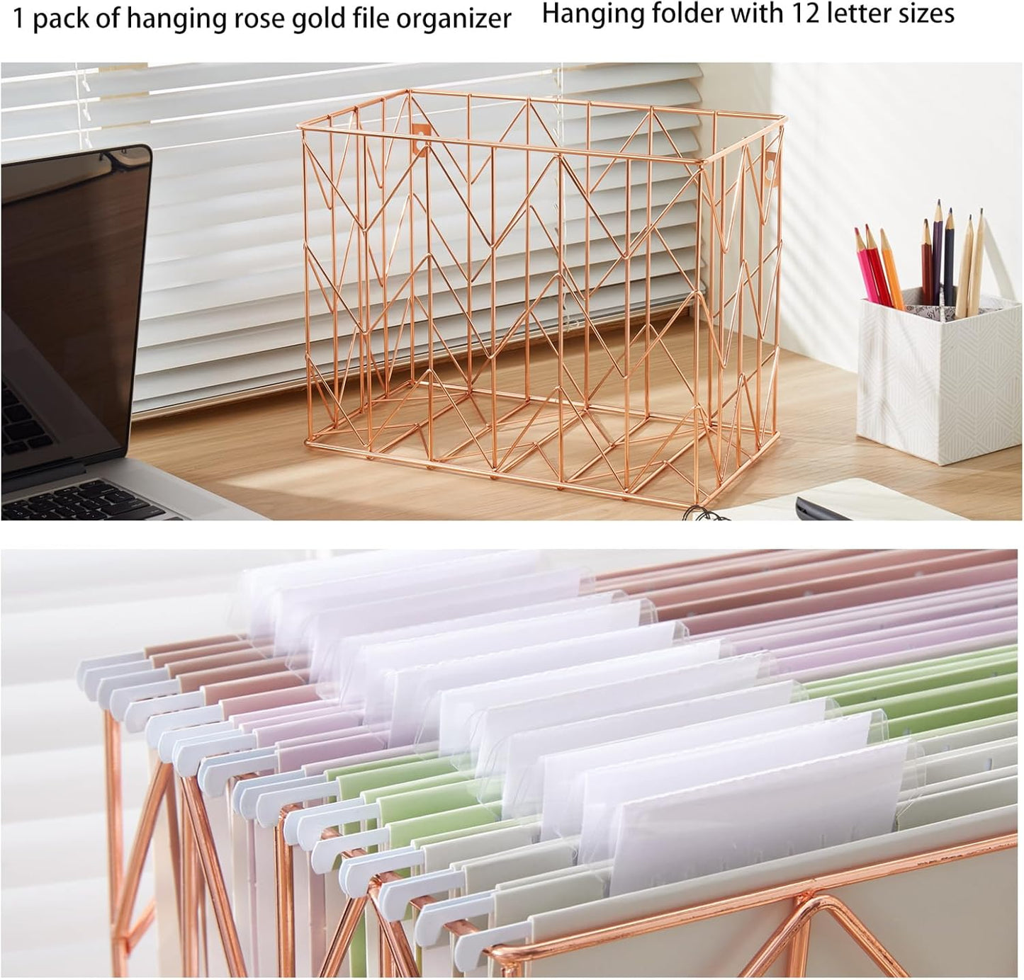 Hanging Rose Gold File Organizer, equipped with a 6-piece set of rose gold desktop accessories