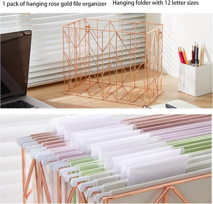 Hanging Rose Gold File Organizer, equipped with a 6-piece set of rose gold desktop accessories