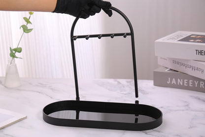 Shinpuru Metal Jewelry Organizer Stand & Key Holder Tray with Acrylic Base, Key Stand and Jewelry Tray with 5 Hooks, Perfect Key Bowl, Valet Key Tray, Ring Holder, Jewelry Dish (Silver Black)