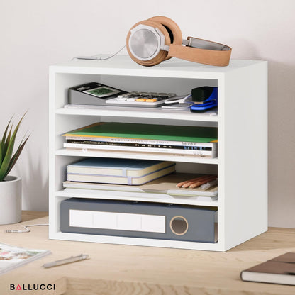 Ballucci 4-Tier Paper Organizer for Desk, Stackable Organizer Tray, Desk Storage Shelves, Stacking Letter Paper Tray Sorter for Classroom, Office, White