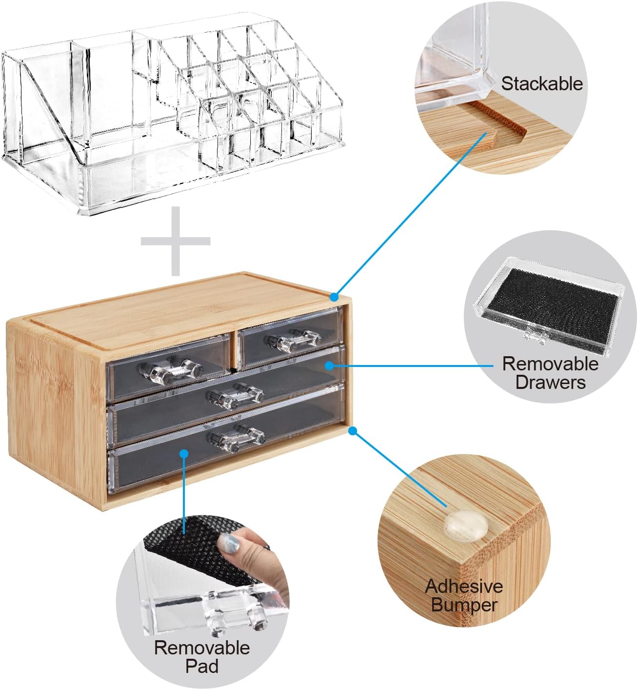 Ikee Design Acrylic Makeup Organizer with 4 Drawers and Removable Top Lipstick Holders, Ideal for Make-up or Accessories,Enhance Your Vanity or Bathroom with Clear Design for Quick Visibility
